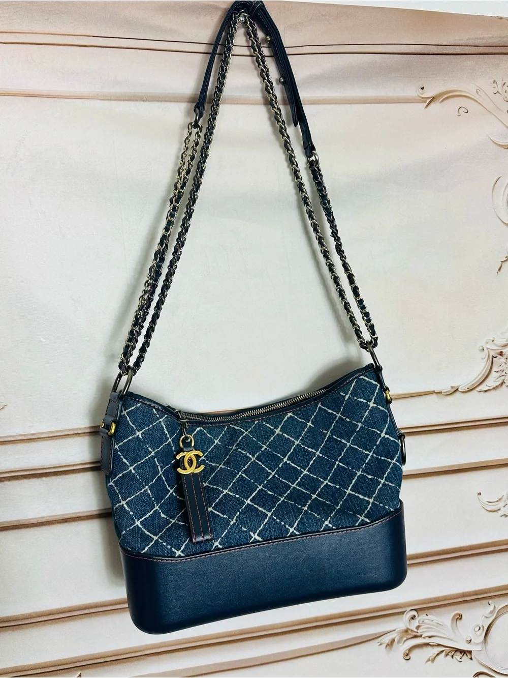 CHANEL Denim Quilted Shoulder Bag with Gold CC Charm